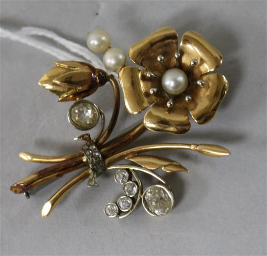 A yellow metal, cultured pearl and diamond set flower brooch, 46mm.